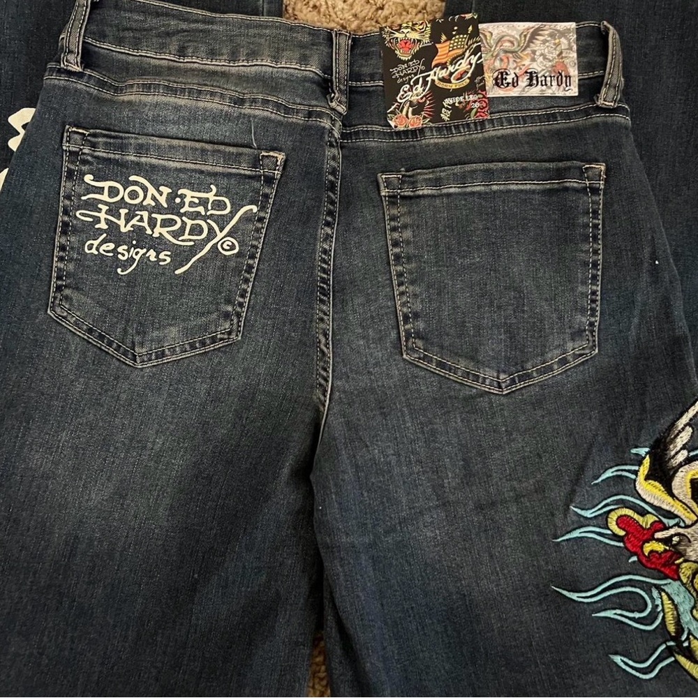 Ed Hardy Blue Denim Jeans with White Embroidery